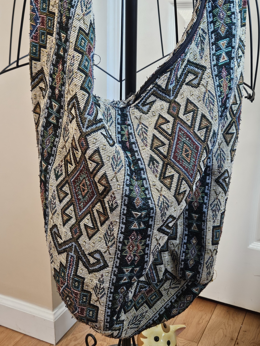 Boho Woven Tapestry Hobo Bag in Cream with Multicolor Aztec Pattern